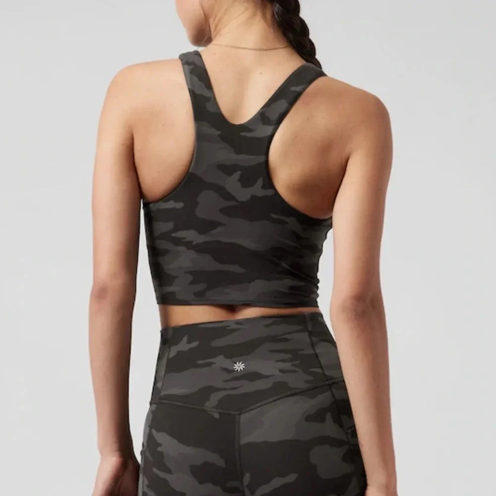 Athleta Conscious Crop Top Bra Women M Black Gray Camo Racerback Logo